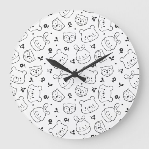 Trio in the Forest Black Outline Cute Pattern Large Clock