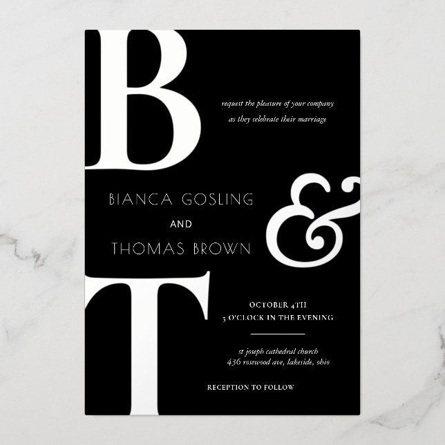 Trio Monogram Initials Black & White Wedding  Foil Invitation (Front)