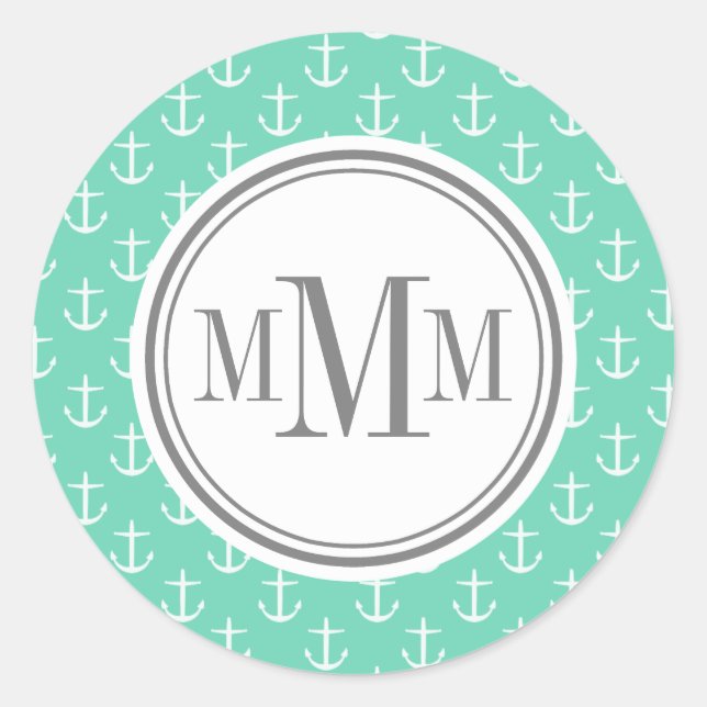 Trio Monogram Mint White Anchor Pattern Classic Round Sticker (Front)