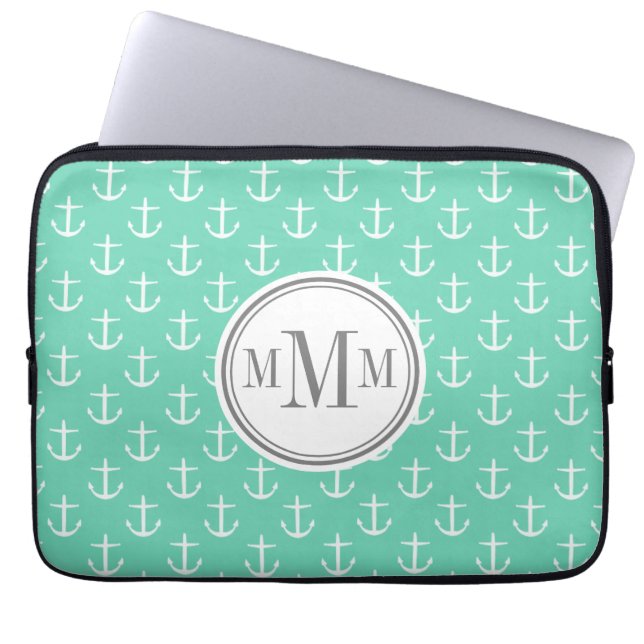 Trio Monogram Mint White Anchor Pattern Laptop Sleeve (Front)