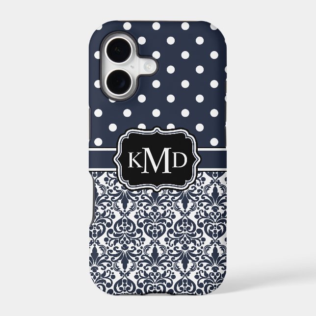 Trio Monogrammed Navy Damask Iphone Case (Back)
