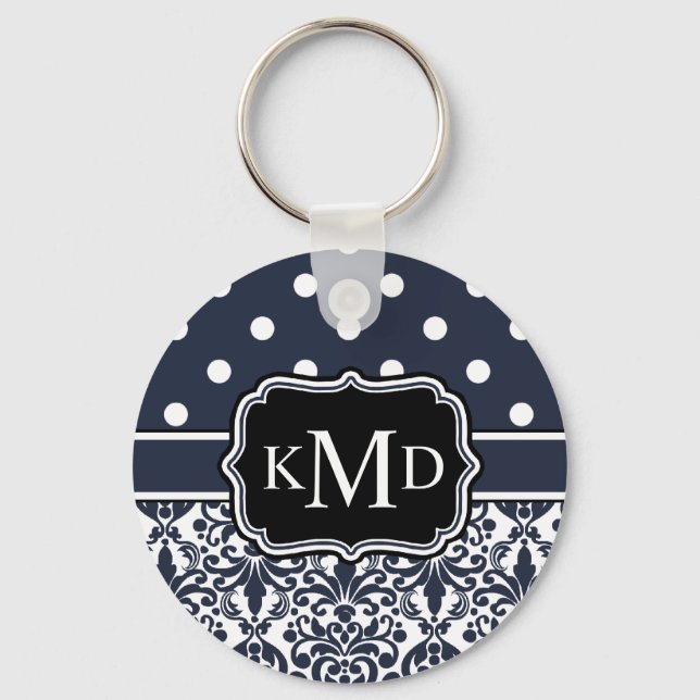 Trio Monogrammed Navy Damask Keychain (Front)