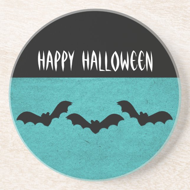 Trio of Bats Halloween Coaster, Teal Sandstone Coaster (Front)