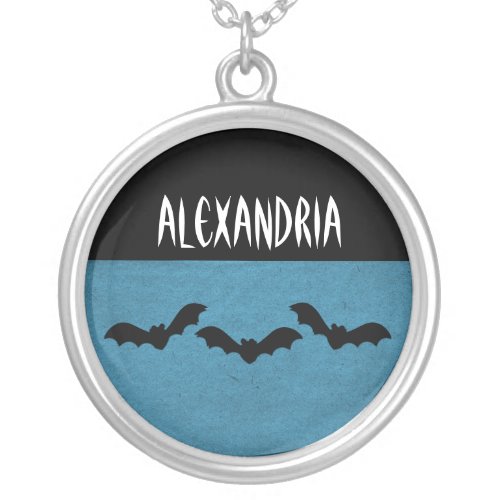 Trio of Bats Halloween Necklace Dark Blue Silver Plated Necklace