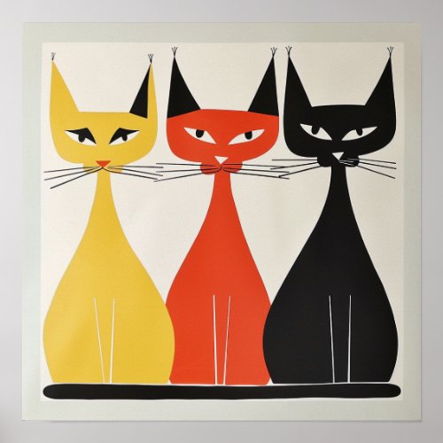Trio of Cats Mid Century Modern Art Poster