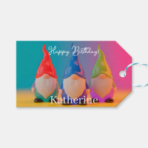 Trio of Glossy Ceramic Gnome Figurines with Name Gift Tags