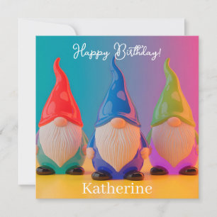 Trio of Glossy Ceramic Gnome Figurines with Name Holiday Card