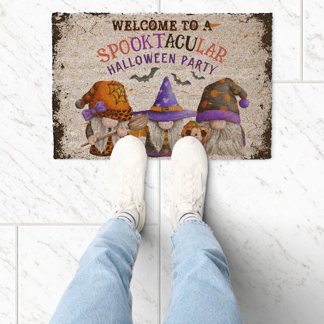Trio of gnomes WELCOME TO Halloween party  Fiber Doormat (Insitu)
