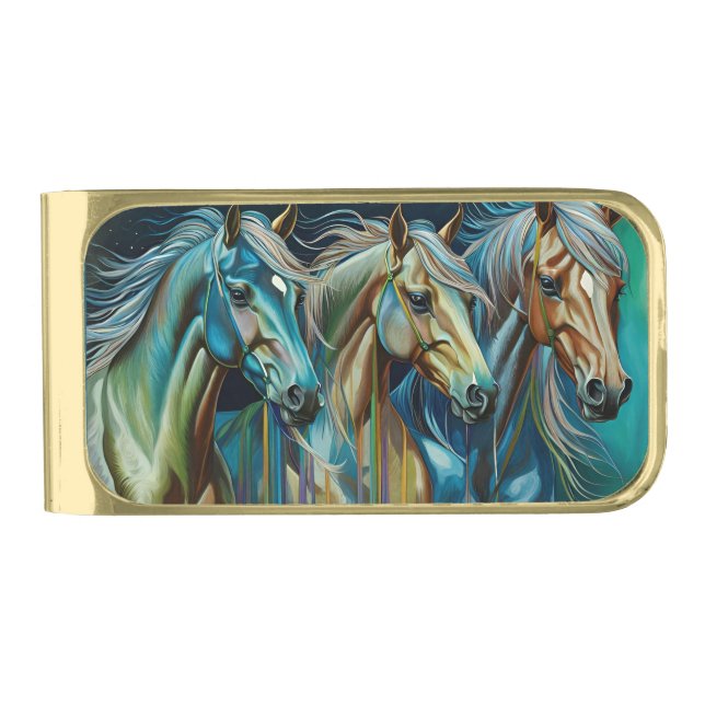 Trio of Horses  Gold Finish Money Clip (Front)