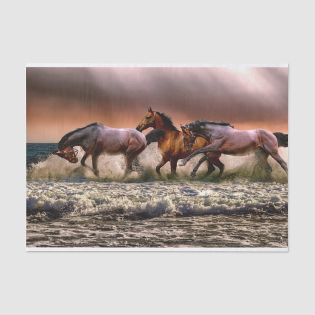 Trio of Horses Running in Surf at Sunset Tissue Paper (Front)