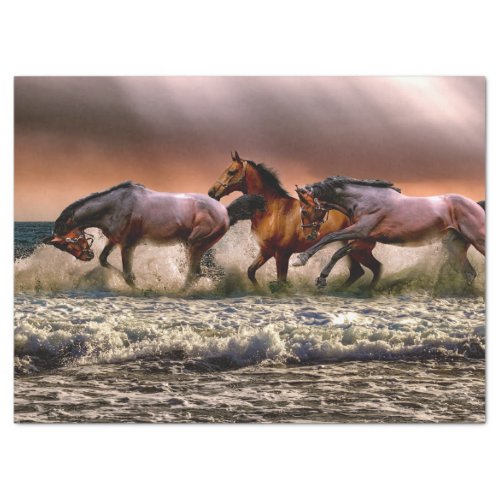 Trio of Horses Running in Surf at Sunset Tissue Paper