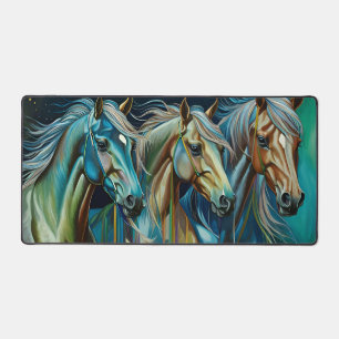 Trio of Horses Teal blue green brown Desk Mat