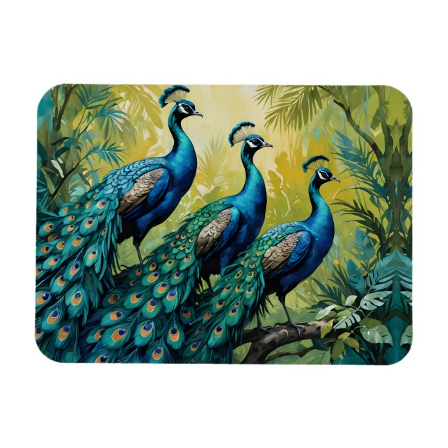 Trio of Peacocks in the jungle forest Magnet (Horizontal)