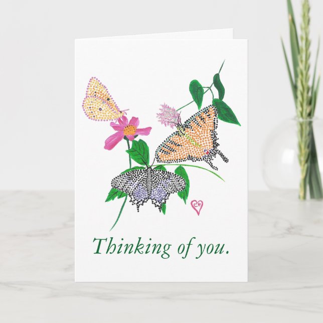 Trio of Pointillism Butterflies, Thinking of you Card (Front)