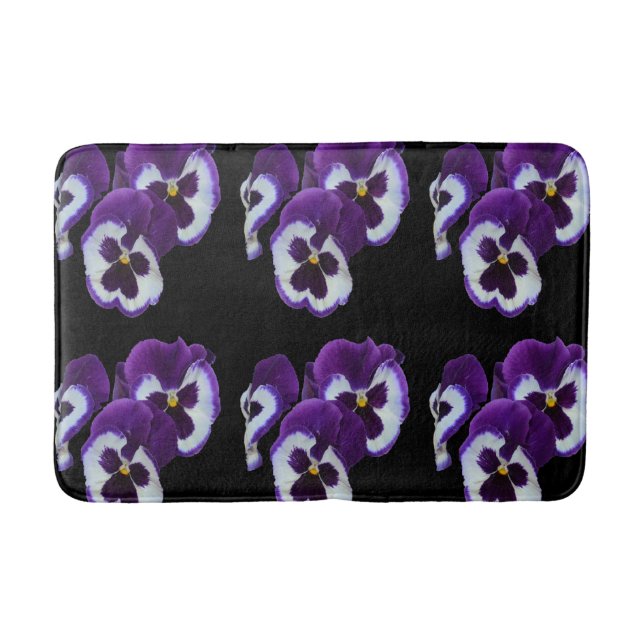 Trio of Purple White Pansy Blooms: Natures Harmony Bathroom Mat (Front)