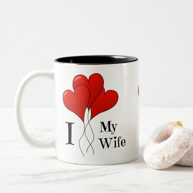 Trio of Red Heart Balloons I Love My Wife Two-Tone Coffee Mug (With Donut)