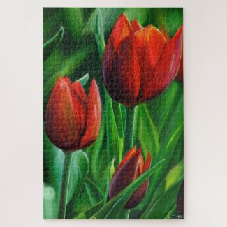 Trio of Red Tulips flower nature digital painting Jigsaw Puzzle