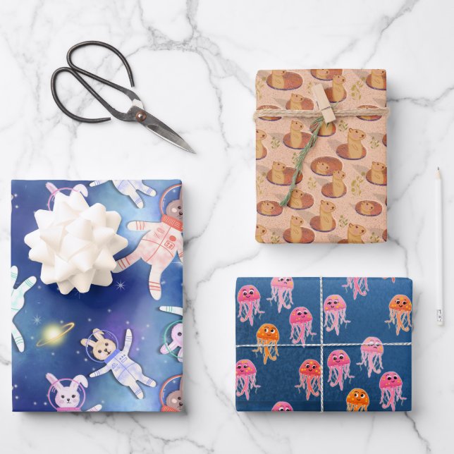 trio of strange and funny designs lol wrapping paper sheets (Front)
