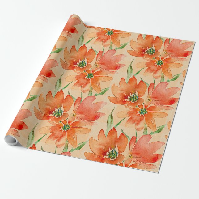 Trio of Tropical Red Orange Flowers Wrapping Paper (Unrolled)