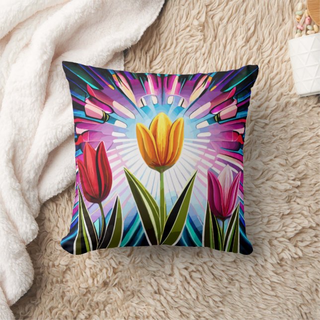 Trio of Tulips: A Burst of Springtime Beauty Throw Pillow (Blanket)