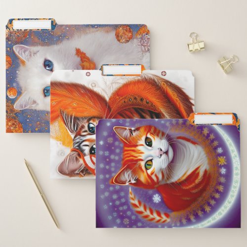 Trio of Whimsical Orange and White Cat Folders