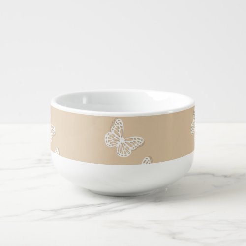 Trio of White Butterflies on a Beige Background  Soup Mug