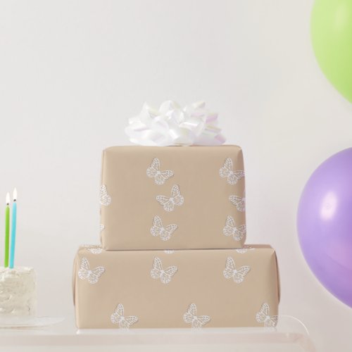 Trio of White Butterflies on a Beige Background  Wrapping Paper