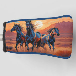Trio of Wild Horses running in the desert Golf Head Cover