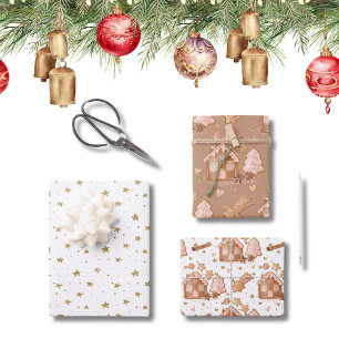 Trio Pink Brown Gingerbread Houses Stars Cinnamon Wrapping Paper Sheets