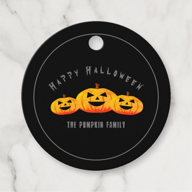 Trio Pumpkins Halloween Black Round Favor Tag (Front)