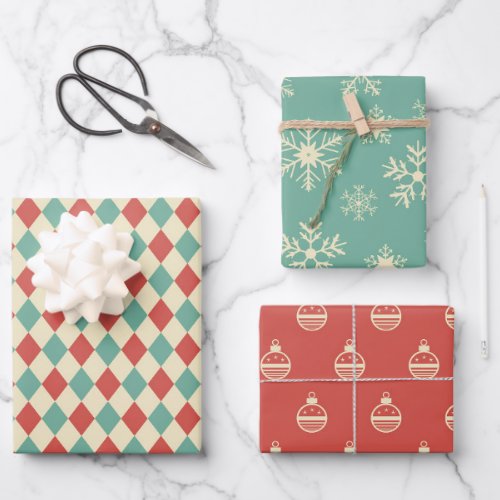 Trio Retro Christmas Wrapping Paper Sheets