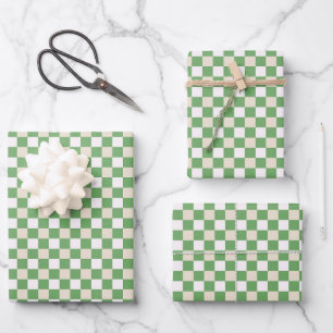 Trio White, Light Beige & Green Buffalo Plaid Wrapping Paper Sheets