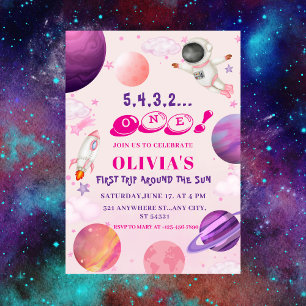 Trip Around the Sun Pink Outer Space 1st Birthday Invitation