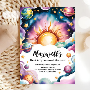 Trip Around the Sun Watercolor Boy 1st Birthday Invitation