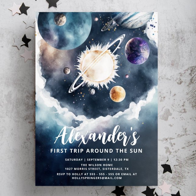 Trip Around the Sun Watercolor Boy 1st Birthday Invitation (Creator Uploaded)