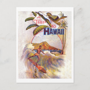 Trip to Hawaii, surfing on a big wave, vintage Postcard