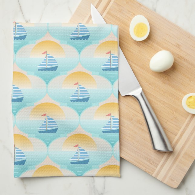 Trip to the Beach Sailor Boat Kitchen Towel (Quarter Fold)