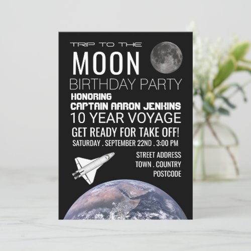 Trip to the Moon Space Shuttle Birthday Party Invitation