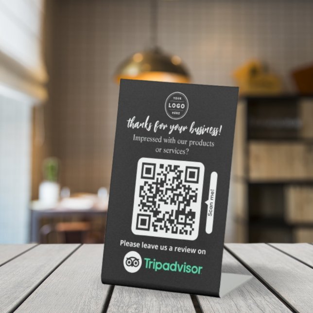 TripAdvisor Reviews | Business Review Link QR Code Pedestal Sign (Tripadvisor Review Request table sign that you can personalize with your Logo and QR Code)