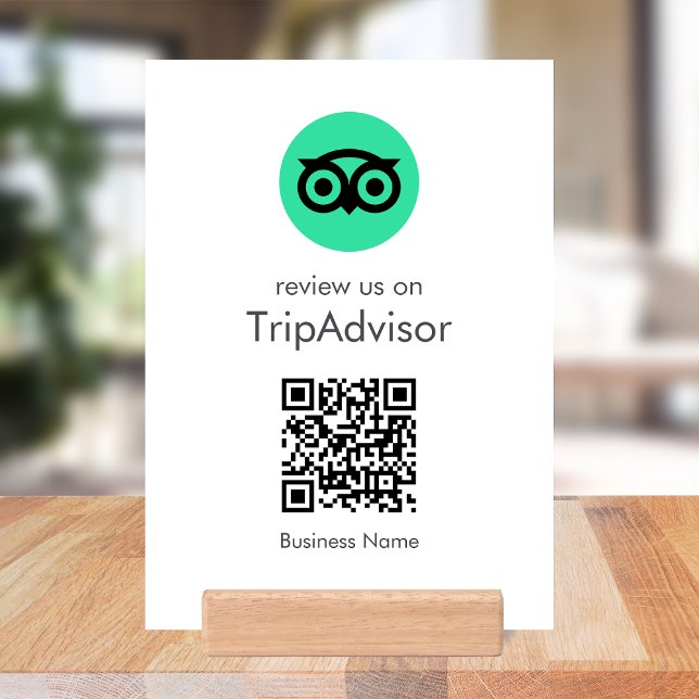 Tripadvisor Reviews Tabletop Sign | QR Wood Block (Gain Tripadvisor reviews & grow your business with this rating request editable tabletop sign.)