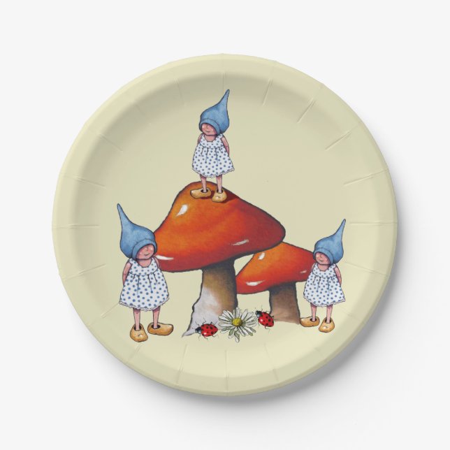 Tripet Gnomes Girl, Toadstool Original Fantasy Art Paper Plates (Front)