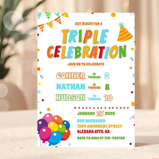 Triple Birthday Invitation Sibling Joint Party (Triple Birthday Invitation Sibling Joint Party)