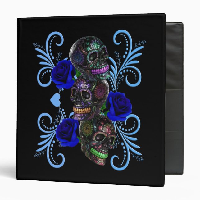Triple Black Day Of The Dead Skulls Blue Roses 3 Ring Binder (Front/Inside)