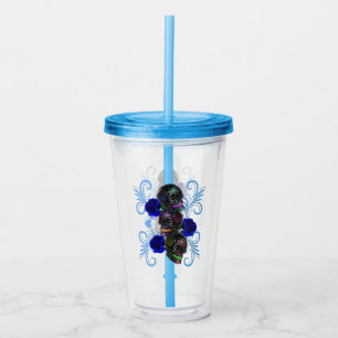 Triple Black Day Of The Dead Skulls Blue Roses Acrylic Tumbler