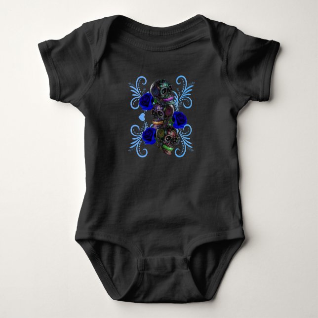 Triple Black Day Of The Dead Skulls Blue Roses Baby Bodysuit (Front)