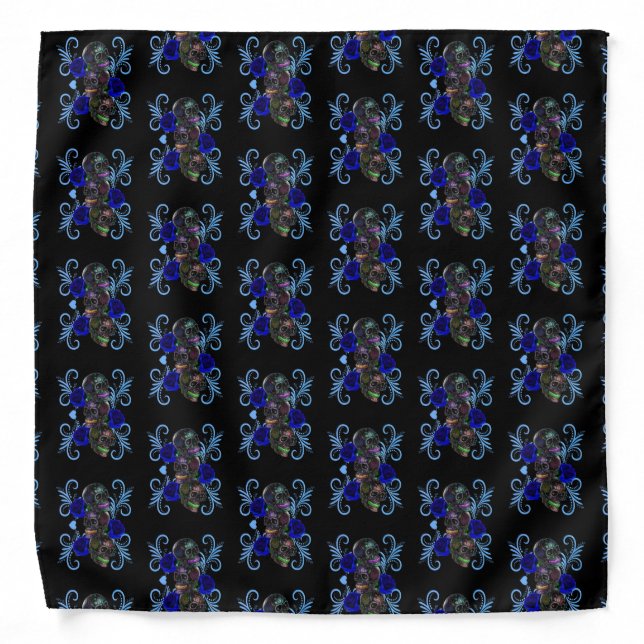 Triple Black Day Of The Dead Skulls Blue Roses Bandana (Front)