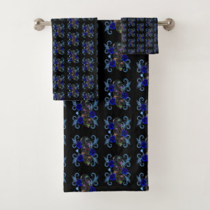 Triple Black Day Of The Dead Skulls Blue Roses Bath Towel Set