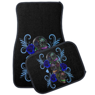 Triple Black Day Of The Dead Skulls Blue Roses Car Floor Mat