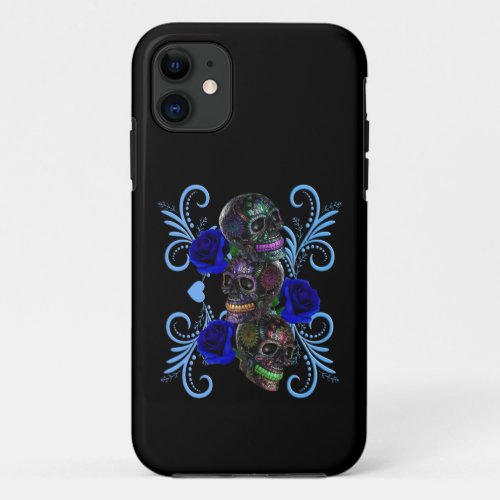 Triple Black Day Of The Dead Skulls Blue Roses iPhone 11 Case