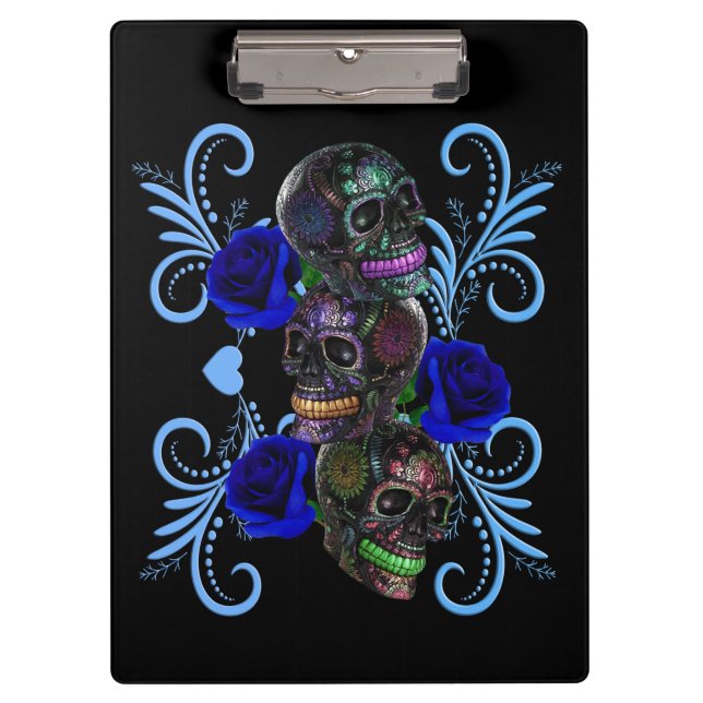 Triple Black Day Of The Dead Skulls Blue Roses Clipboard (Front)